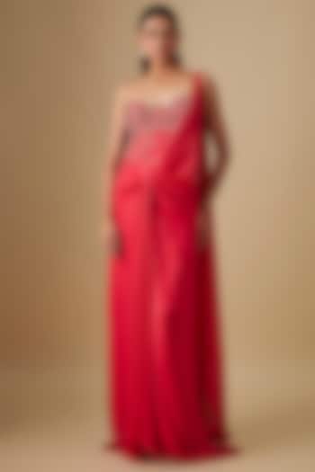 Coral Georgette & Crepe Hand Embroidered Wedding Gown Saree by Rajat Tangri at Pernia's Pop Up Shop