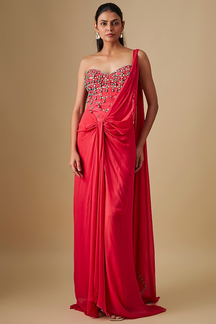 Coral Georgette & Crepe Hand Embroidered Wedding Gown Saree by Rajat Tangri at Pernia's Pop Up Shop