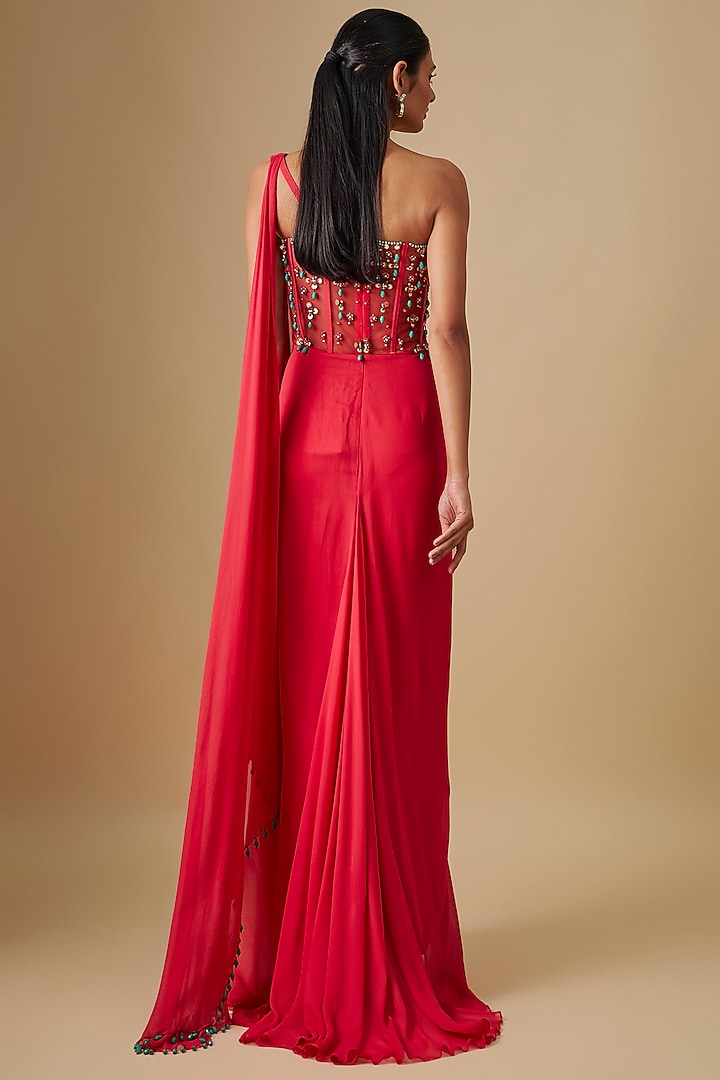 Coral Georgette & Crepe Hand Embroidered Wedding Gown Saree by Rajat Tangri at Pernia's Pop Up Shop