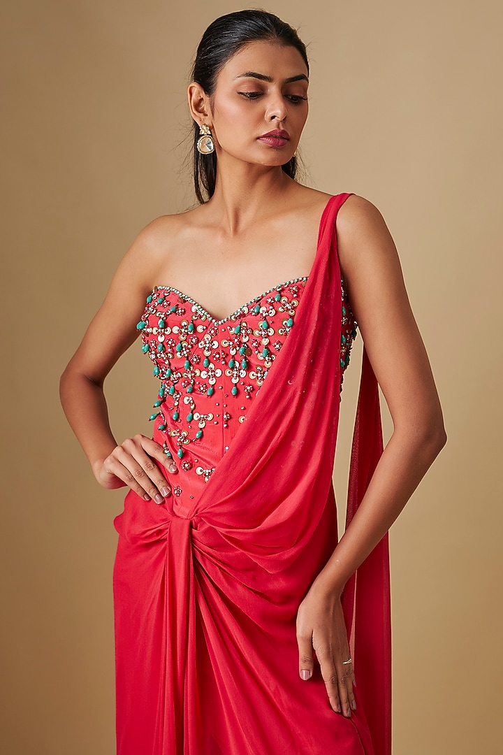 Coral Georgette & Crepe Hand Embroidered Wedding Gown Saree by Rajat Tangri at Pernia's Pop Up Shop