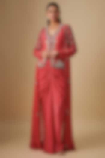 Coral Georgette & Crepe Hand Embroidered Jacket Set by Rajat Tangri at Pernia's Pop Up Shop