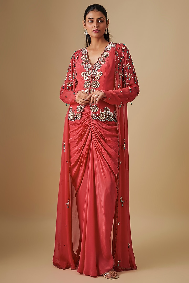 Coral Georgette & Crepe Hand Embroidered Jacket Set by Rajat Tangri at Pernia's Pop Up Shop