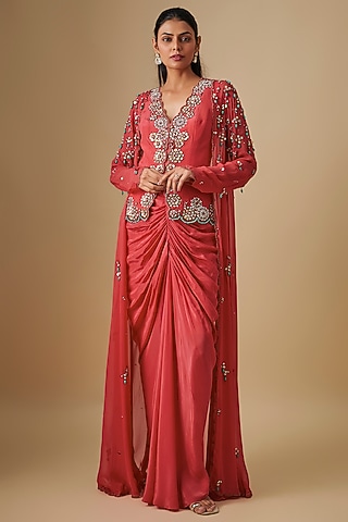Coral Georgette & Crepe Hand Embroidered Jacket Set by Rajat Tangri