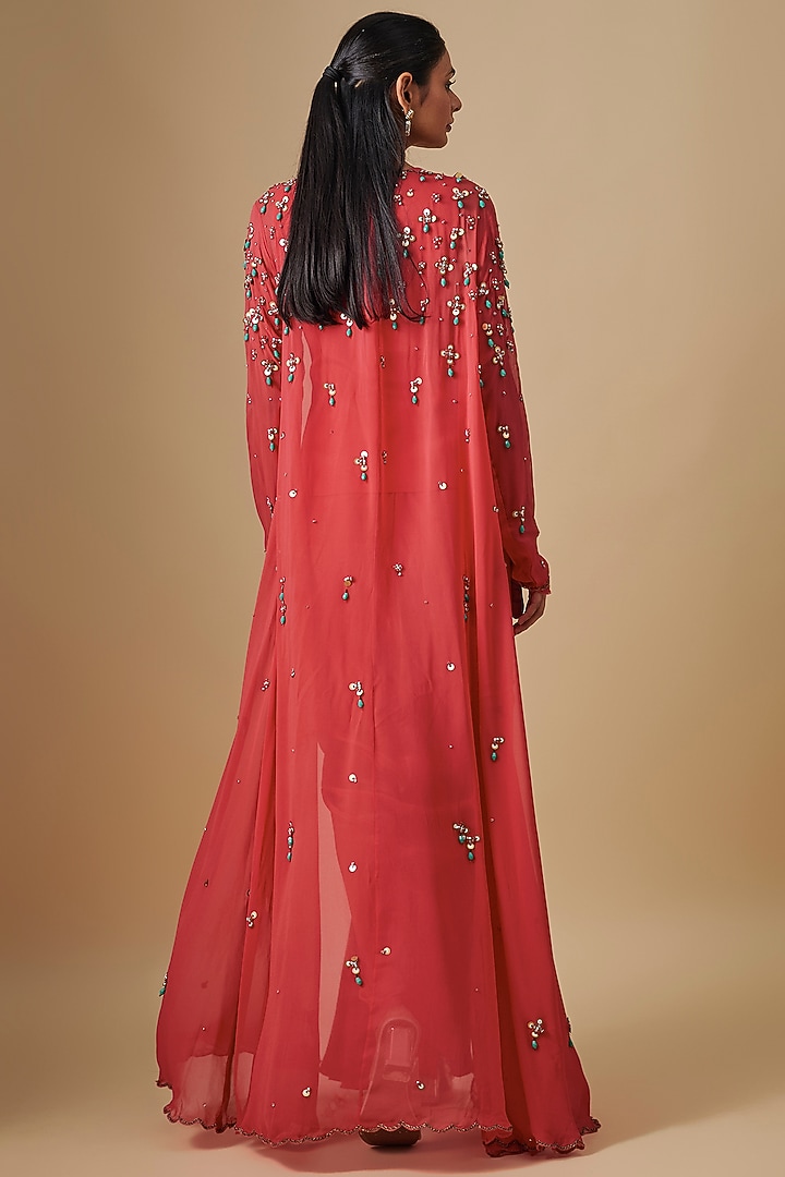 Coral Georgette & Crepe Hand Embroidered Jacket Set by Rajat Tangri at Pernia's Pop Up Shop
