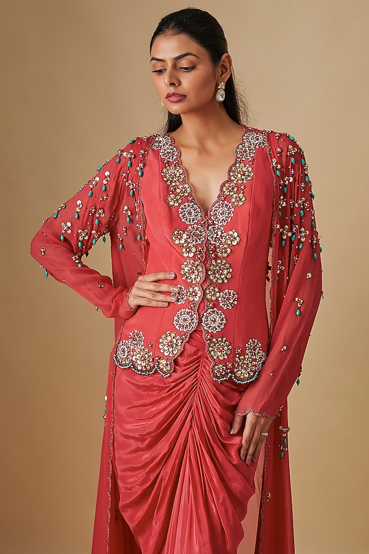 Coral Georgette & Crepe Hand Embroidered Jacket Set by Rajat Tangri at Pernia's Pop Up Shop