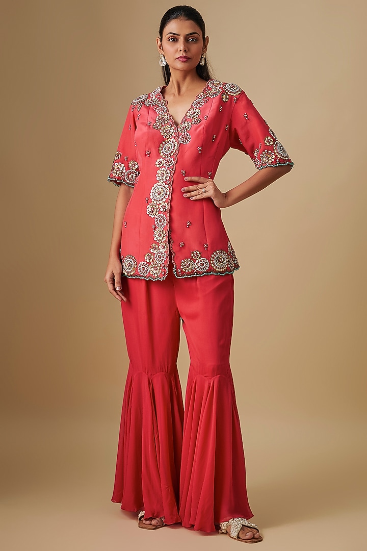 Coral Georgette & Crepe Hand Embroidered Jacket Set by Rajat Tangri at Pernia's Pop Up Shop