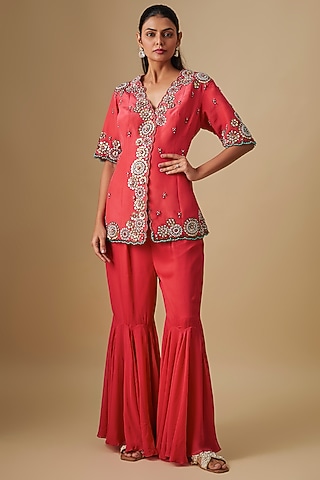 Coral Georgette & Crepe Hand Embroidered Jacket Set by Rajat Tangri