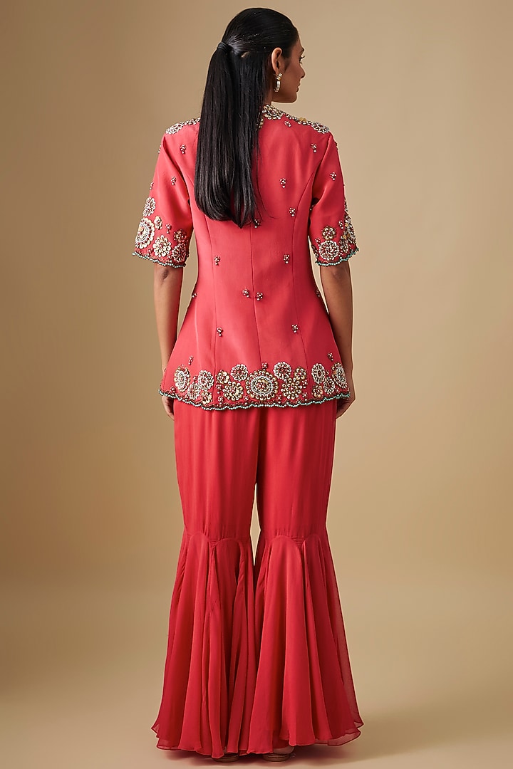 Coral Georgette & Crepe Hand Embroidered Jacket Set by Rajat Tangri at Pernia's Pop Up Shop