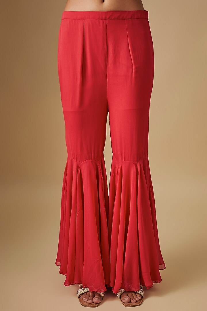 Coral Georgette & Crepe Hand Embroidered Jacket Set by Rajat Tangri at Pernia's Pop Up Shop