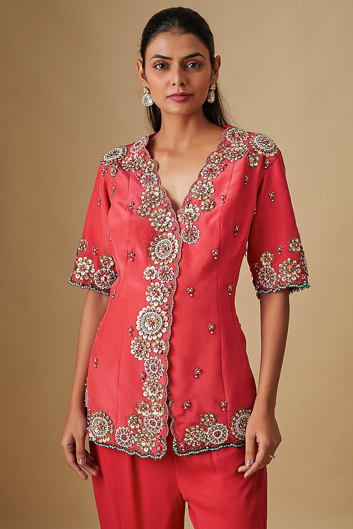Coral Georgette & Crepe Hand Embroidered Jacket Set by Rajat Tangri at Pernia's Pop Up Shop