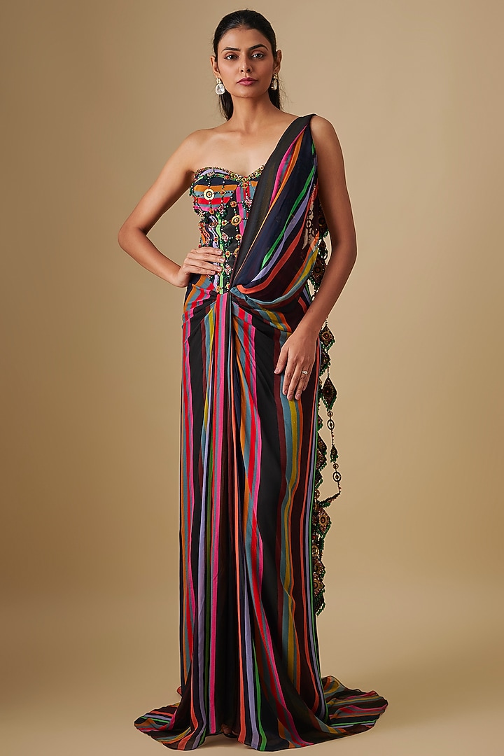 Black Georgette & Crepe Striped Reception Gown Saree by Rajat Tangri at Pernia's Pop Up Shop