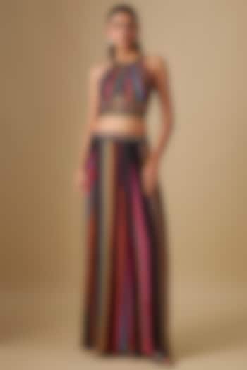 Black Georgette & Crepe Striped Pant Set by Rajat Tangri at Pernia's Pop Up Shop