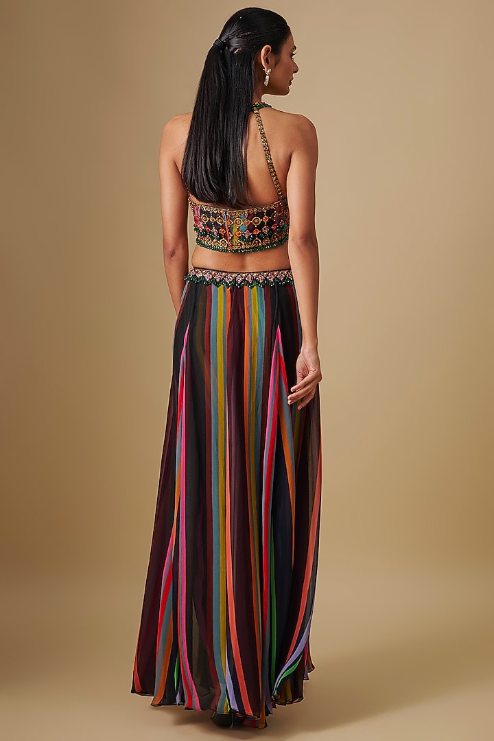 Black Georgette & Crepe Striped Pant Set by Rajat Tangri at Pernia's Pop Up Shop
