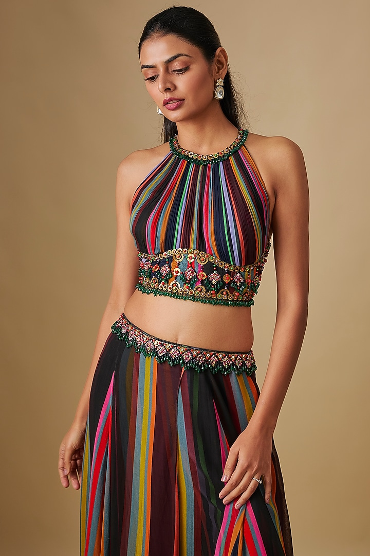 Black Georgette & Crepe Striped Pant Set by Rajat Tangri at Pernia's Pop Up Shop