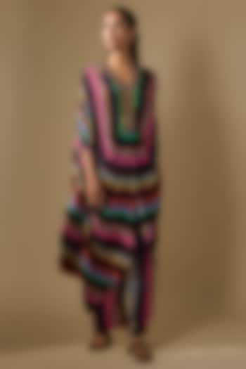 Black Crepe Embroidered Striped Co-Ord Set by Rajat tangri at Pernia's Pop Up Shop