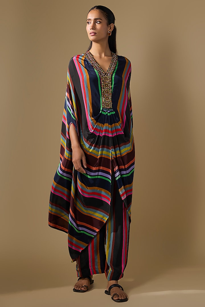 Black Crepe Embroidered Striped Co-Ord Set by Rajat tangri at Pernia's Pop Up Shop
