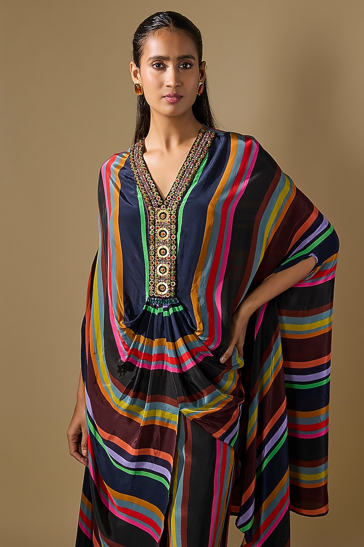 Black Crepe Embroidered Striped Co-Ord Set by Rajat tangri at Pernia's Pop Up Shop