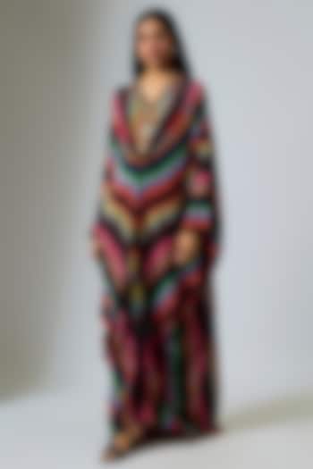 Multi-Colored & Black Crepe Stripe Printed Kaftan by Rajat Tangri at Pernia's Pop Up Shop