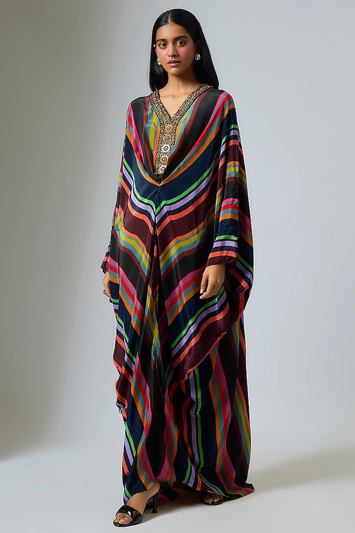 Multi-Colored & Black Crepe Stripe Printed Kaftan by Rajat Tangri at Pernia's Pop Up Shop