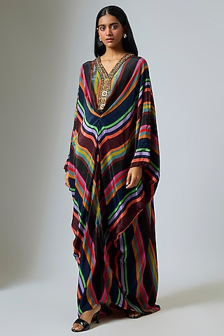 Multi-Colored & Black Crepe Stripe Printed Kaftan by Rajat Tangri
