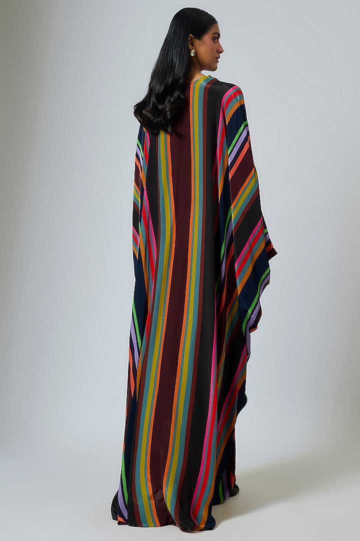Multi-Colored & Black Crepe Stripe Printed Kaftan by Rajat Tangri at Pernia's Pop Up Shop