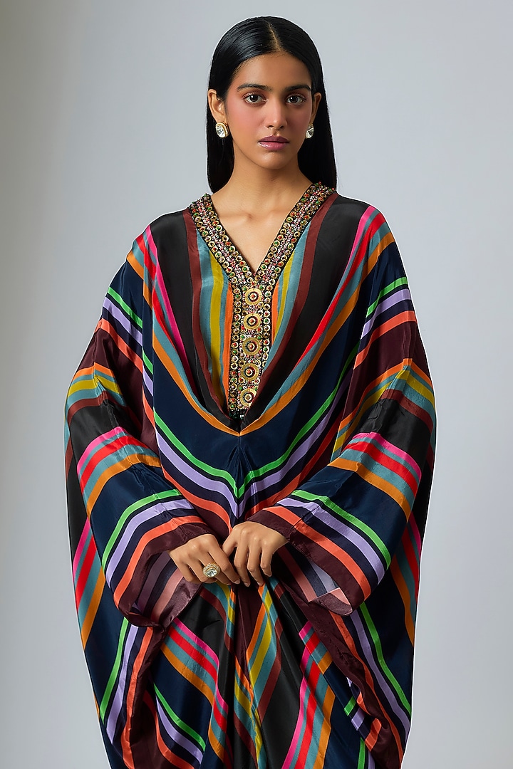 Multi-Colored & Black Crepe Stripe Printed Kaftan by Rajat Tangri at Pernia's Pop Up Shop