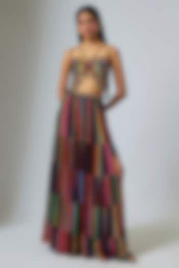 Multi-Colored & Black Georgette Stripe Printed Wedding Lehenga Set by Rajat Tangri at Pernia's Pop Up Shop