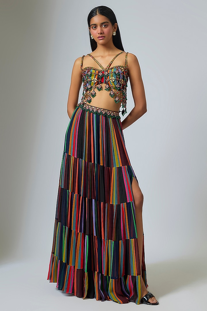 Multi-Colored & Black Georgette Stripe Printed Wedding Lehenga Set by Rajat Tangri at Pernia's Pop Up Shop