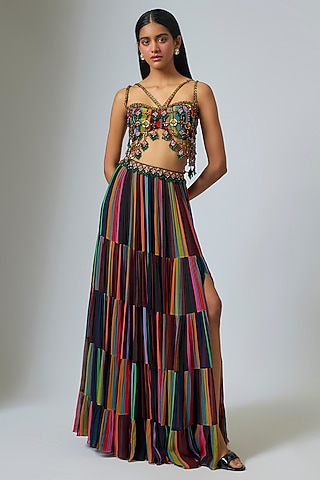 Multi-Colored & Black Georgette Stripe Printed Lehenga Set by Rajat Tangri