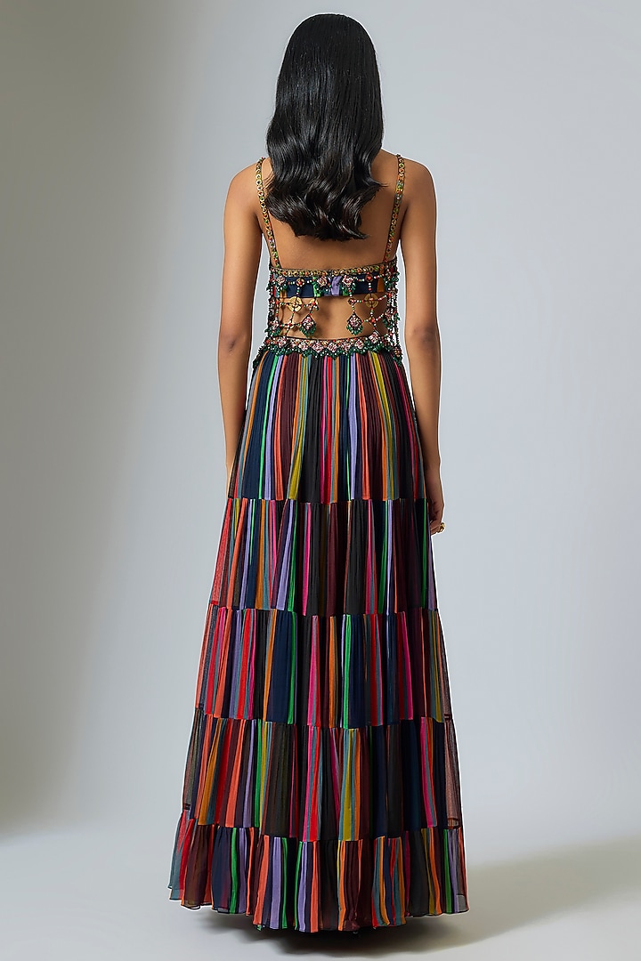 Multi-Colored & Black Georgette Stripe Printed Wedding Lehenga Set by Rajat Tangri at Pernia's Pop Up Shop