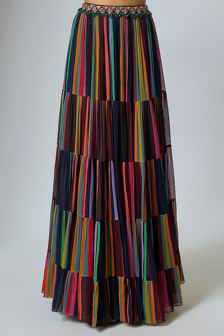 Multi-Colored & Black Georgette Stripe Printed Wedding Lehenga Set by Rajat Tangri at Pernia's Pop Up Shop