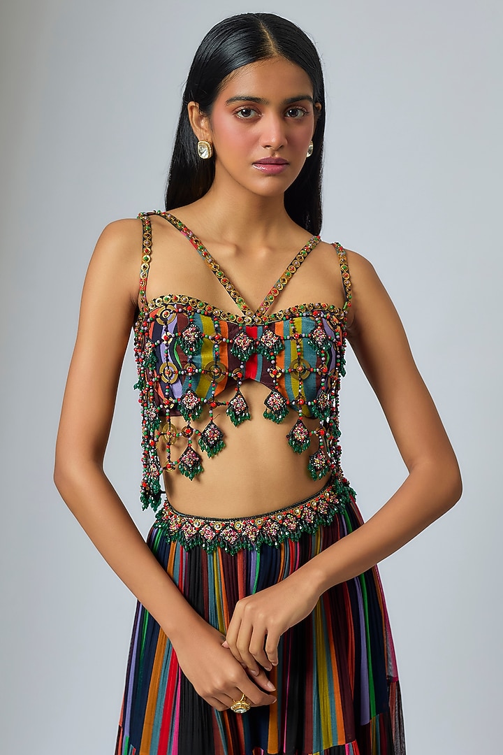 Multi-Colored & Black Georgette Stripe Printed Wedding Lehenga Set by Rajat Tangri at Pernia's Pop Up Shop