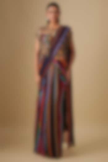 Black Georgette & Crepe Hand Embroidered Striped Pre-Stitched Reception Saree Set by Rajat Tangri at Pernia's Pop Up Shop