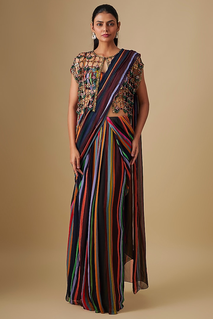 Black Georgette & Crepe Hand Embroidered Striped Pre-Stitched Reception Saree Set by Rajat Tangri at Pernia's Pop Up Shop