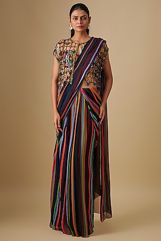 Black Georgette & Crepe Hand Embroidered Striped Pre-Stitched Saree Set by Rajat Tangri