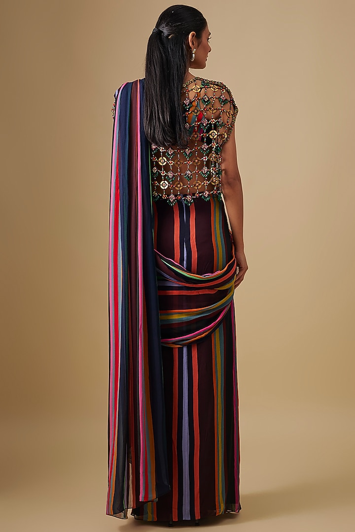 Black Georgette & Crepe Hand Embroidered Striped Pre-Stitched Reception Saree Set by Rajat Tangri at Pernia's Pop Up Shop