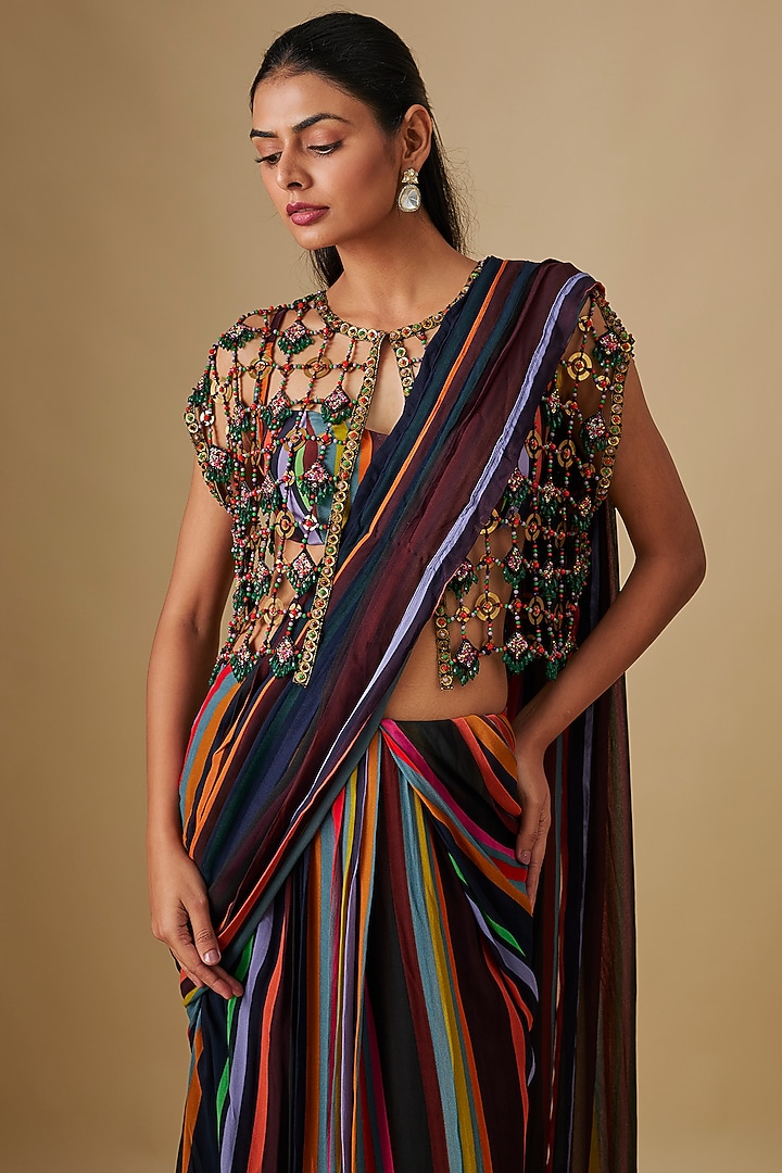 Black Georgette & Crepe Hand Embroidered Striped Pre-Stitched Reception Saree Set by Rajat Tangri at Pernia's Pop Up Shop