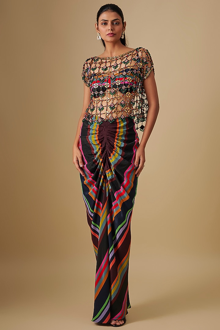 Black Crepe Striped Draped Skirt Set by Rajat Tangri at Pernia's Pop Up Shop