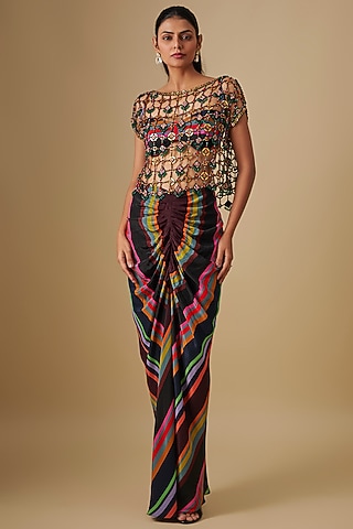 Black Crepe Striped Draped Skirt Set by Rajat Tangri
