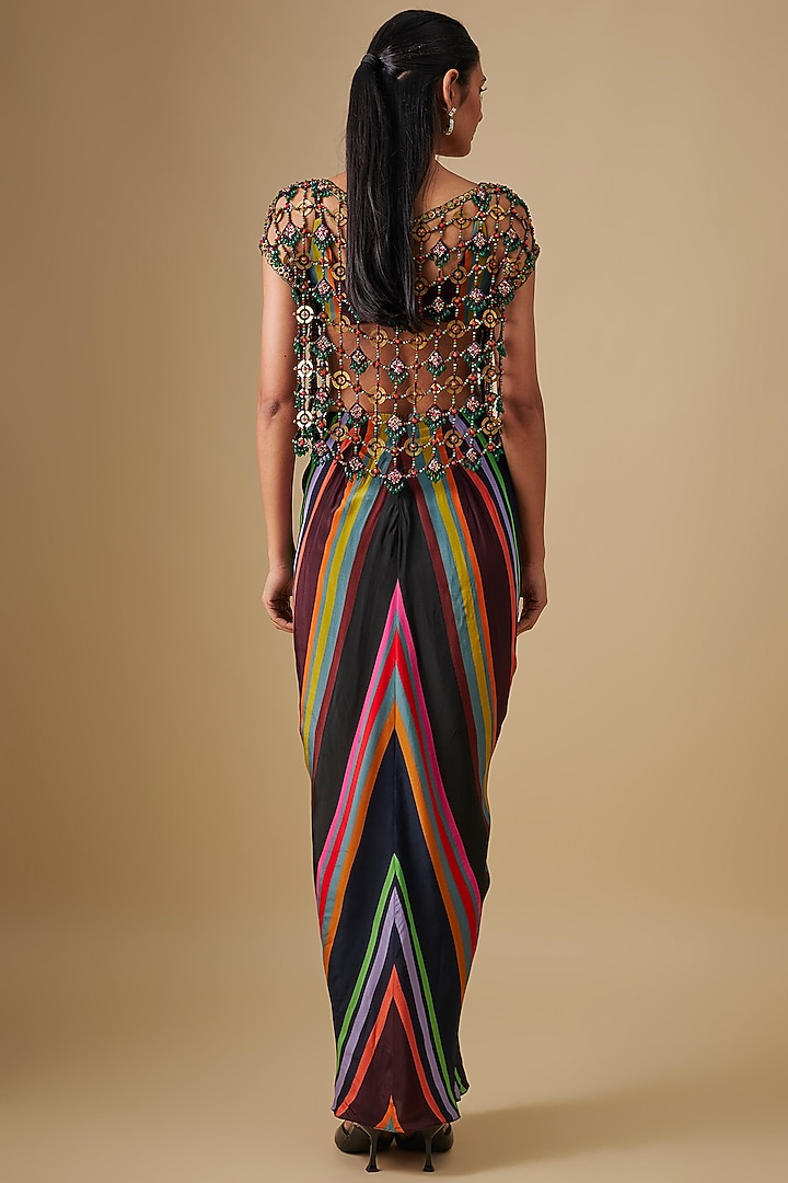 Black Crepe Striped Draped Skirt Set by Rajat Tangri at Pernia's Pop Up Shop
