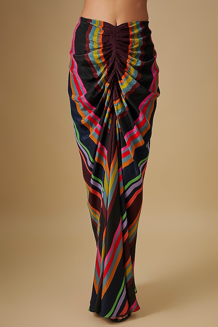 Black Crepe Striped Draped Skirt Set by Rajat Tangri at Pernia's Pop Up Shop