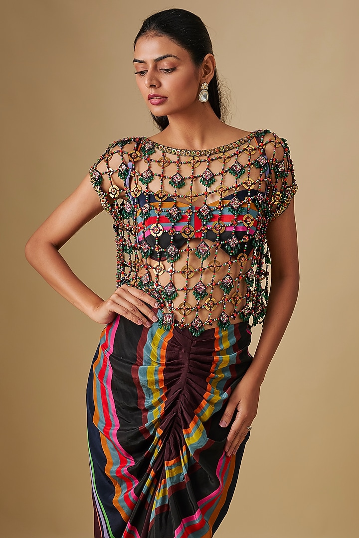 Black Crepe Striped Draped Skirt Set by Rajat Tangri at Pernia's Pop Up Shop