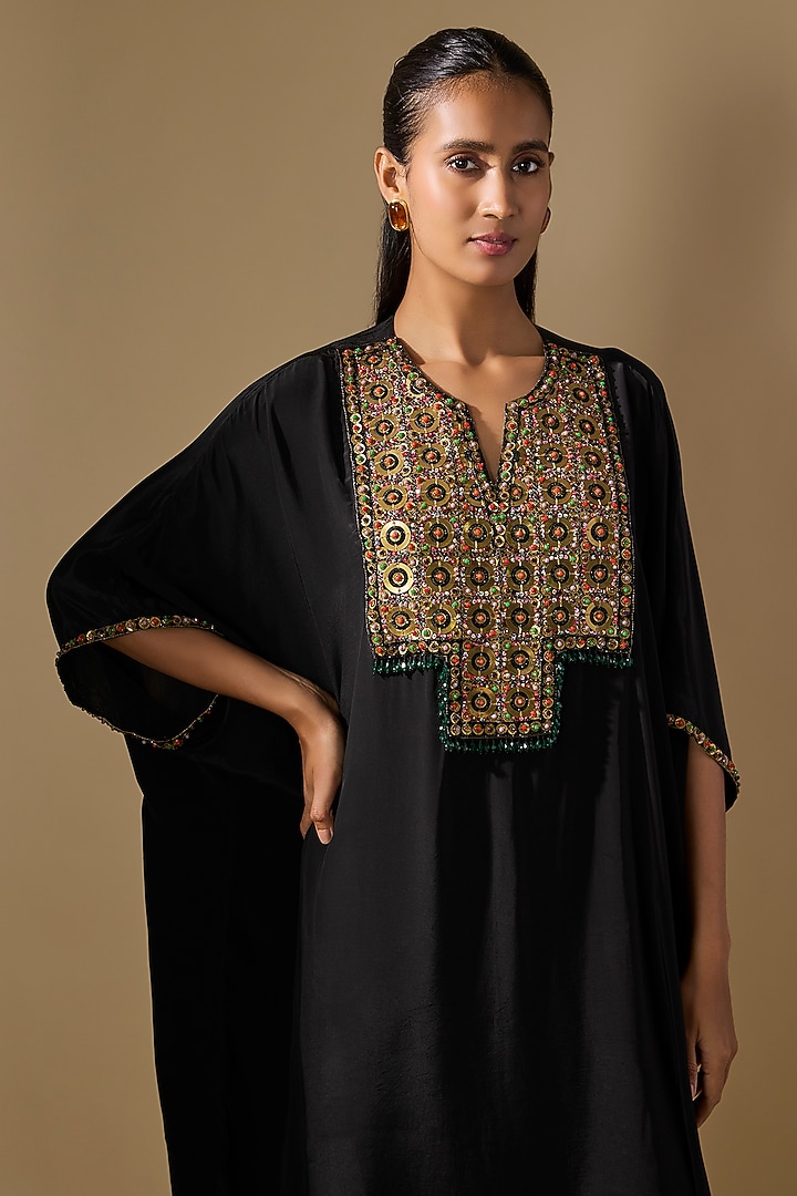 Black Crepe Embroidered Kaftan Kurta Set by Rajat tangri at Pernia's Pop Up Shop