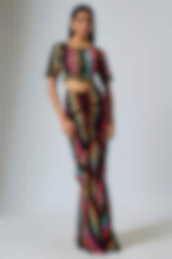 Multi-Colored & Black Crepe Stripe Printed Draped Skirt Set by Rajat Tangri at Pernia's Pop Up Shop