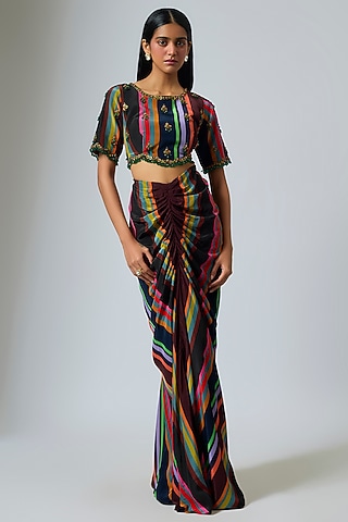 Multi-Colored & Black Crepe Stripe Printed Draped Skirt Set by Rajat Tangri