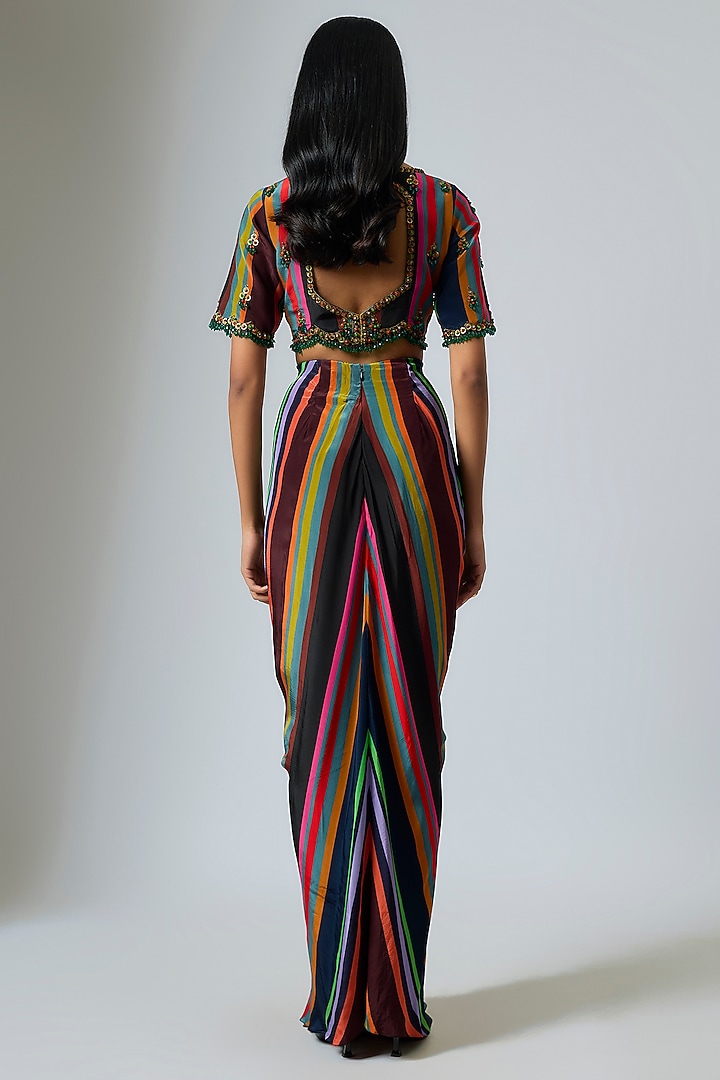 Multi-Colored & Black Crepe Stripe Printed Draped Skirt Set by Rajat Tangri at Pernia's Pop Up Shop