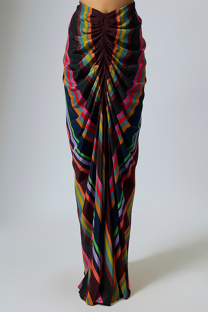 Multi-Colored & Black Crepe Stripe Printed Draped Skirt Set by Rajat Tangri at Pernia's Pop Up Shop