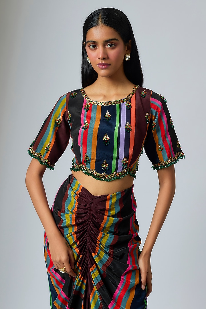 Multi-Colored & Black Crepe Stripe Printed Draped Skirt Set by Rajat Tangri at Pernia's Pop Up Shop