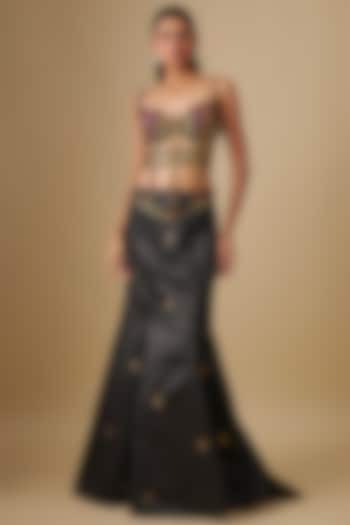 Black Satin Fishtail Skirt Set by Rajat Tangri at Pernia's Pop Up Shop