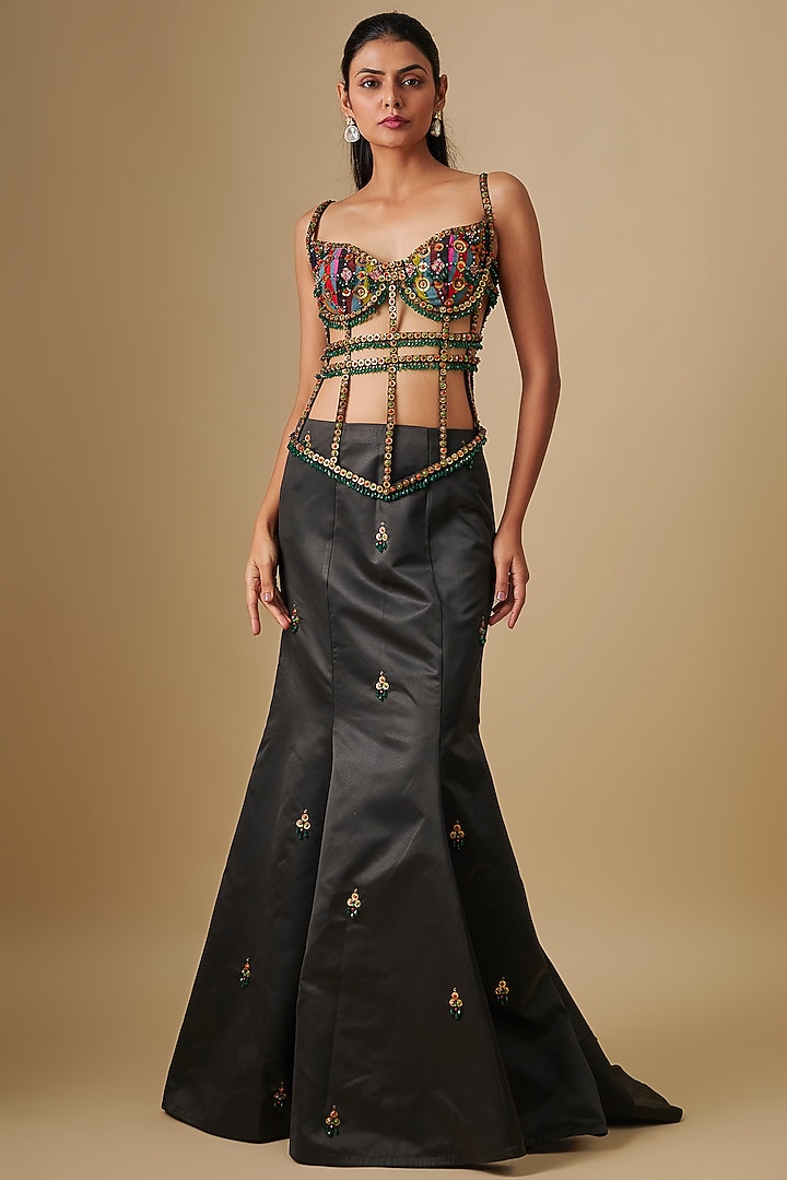 Black Satin Fishtail Skirt Set by Rajat Tangri at Pernia's Pop Up Shop